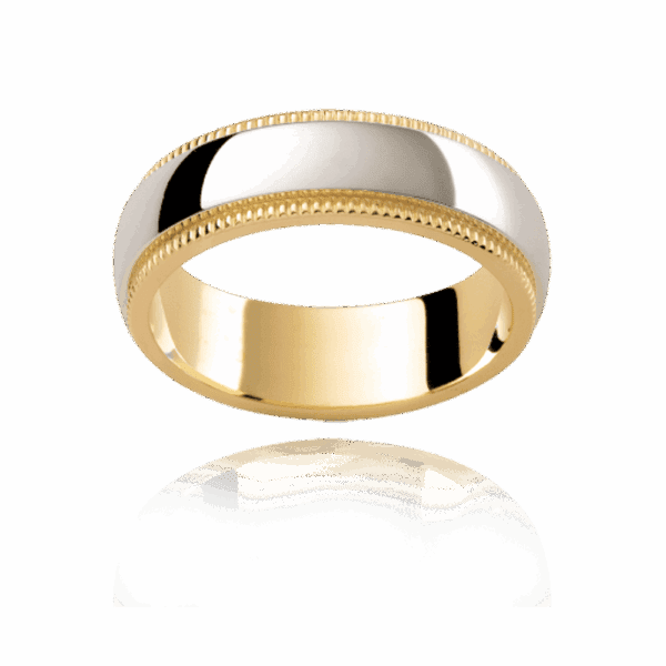 F183 5Mm Two Tone 18K Gold Semi Rounded Plain Overlay Milgrain Trim Step Edges Mens Wedding Band