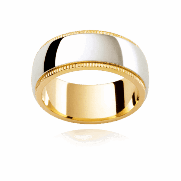 F183 8Mm Two Tone 18K Gold Semi Rounded Plain Overlay Milgrain Trim Step Edges Mens Wedding Band