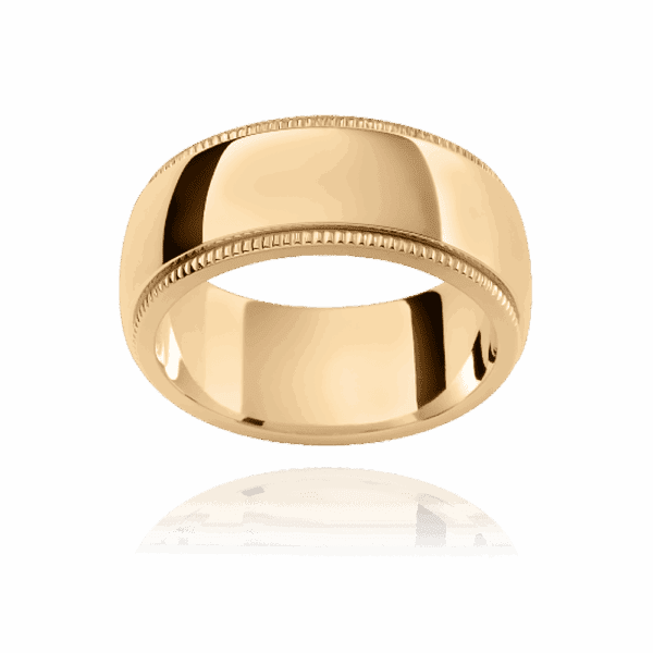 F183 8mm two tone 18k gold semi rounded plain overlay milgrain trim step edges mens wedding band