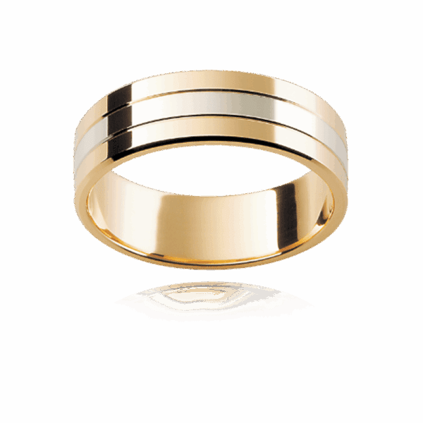 F19 6Mm Two Tone 18K Gold Flat Triple Sectioned Mens Wedding Band
