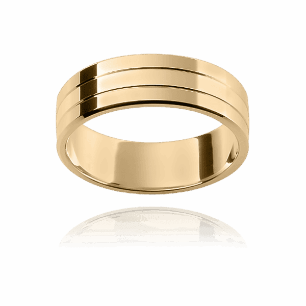 F19 6Mm Yellow Gold Flat Triple Sectioned Mens Wedding Band