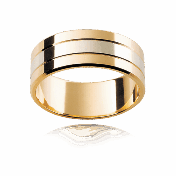 Model wears F19 6mm two tone 18k white gold flat triple sectioned mens wedding band