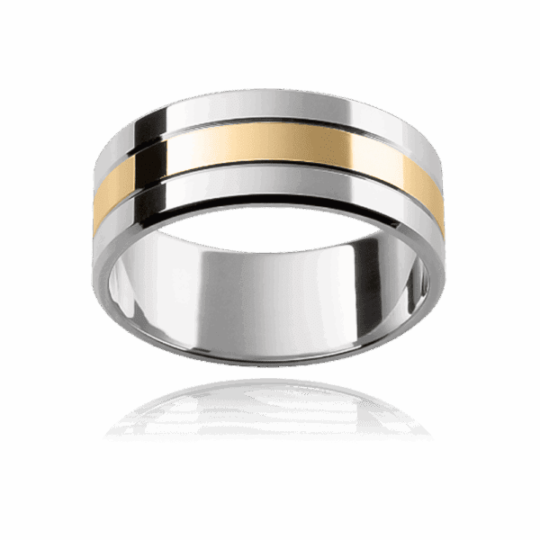F19 8Mm Two Tone Alternating 18K Gold Flat Triple Sectioned Mens Wedding Band
