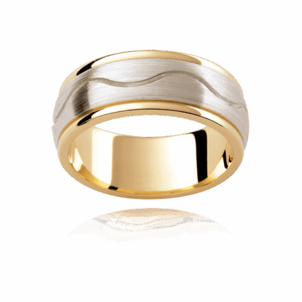 F190D 9mm two tone patterned slightly rounded band wave groove center smooth edges mens wedding band