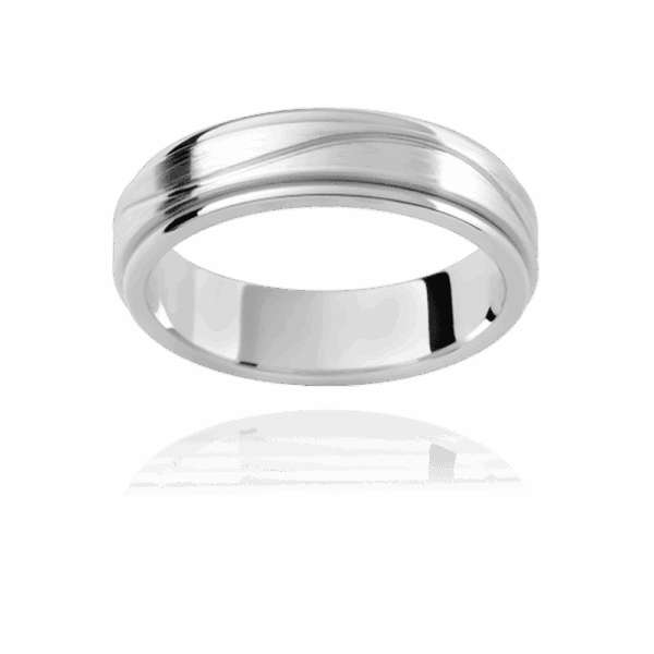 F191D 5Mm White Gold Patterned Flat Band Gentle Wave Groove Center Smooth Edges Mens Wedding Ring