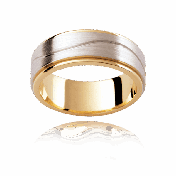 F191D 9mm two tone patterned flat band gentle wave groove center smooth edges mens wedding ring