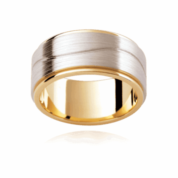 F191D 9Mm Two Tone Patterned Flat Band Gentle Wave Groove Center Smooth Edges Mens Wedding Ring
