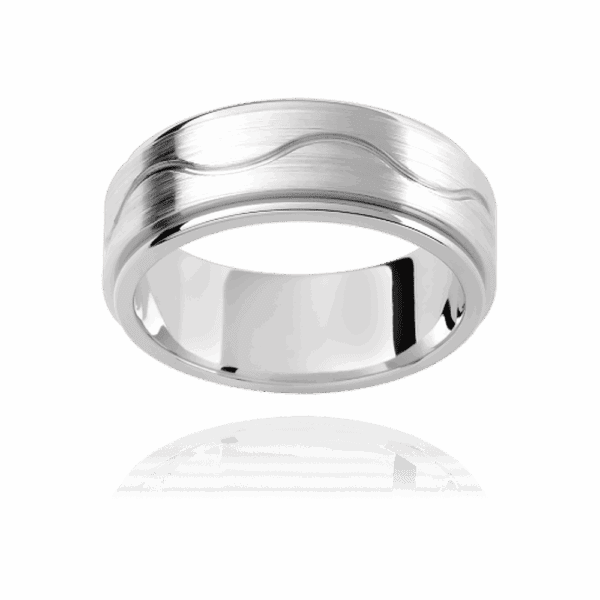 F192D 6Mm White Gold Patterned Flat Band Wave Groove Center Smooth Edges Wedding Rings For Men
