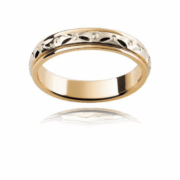 F1M 4Mm Two Tone Patterned Slightly Rounded Band Engraved Motif Centre Overlay Wedding Bands For Men