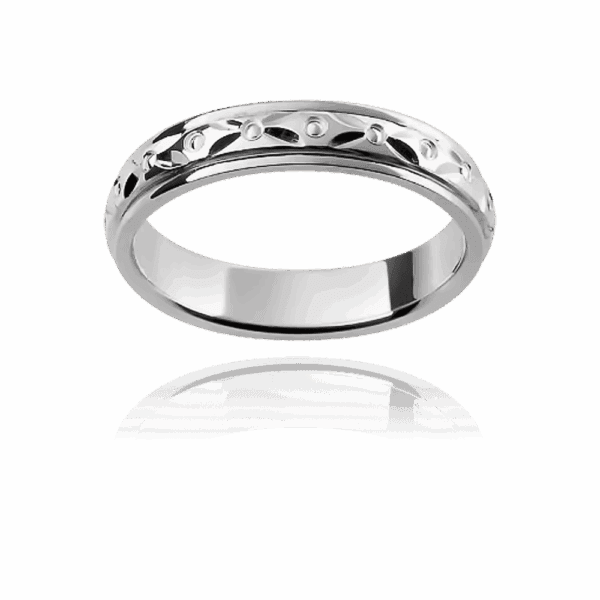 F1M 4Mm White Gold Patterned Slightly Rounded Band Engraved Motif Centre Overlay Wedding Bands For Men