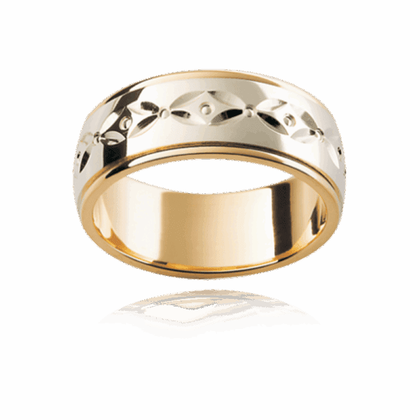 F1M 8Mm Two Tone Patterned Slightly Rounded Band Engraved Motif Centre Overlay Wedding Bands For Men