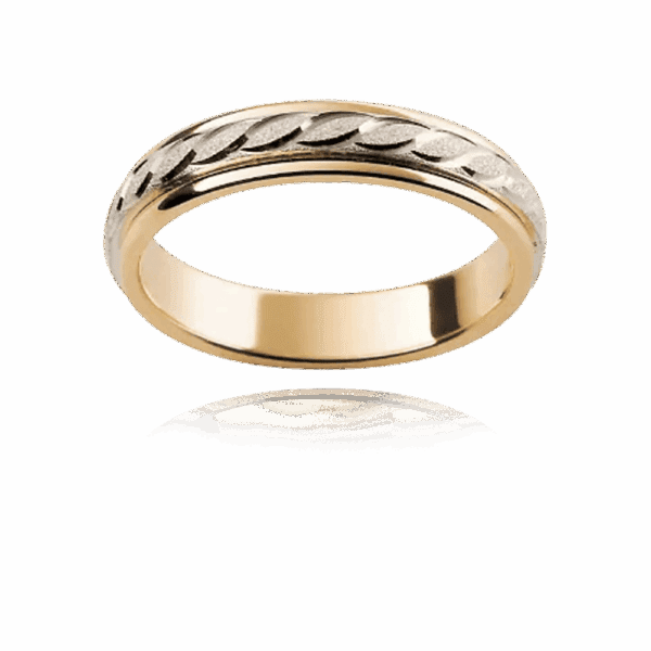 F23M 4Mm Slightly Rounded Two Tone Engraved Wave Motif Diamond Wheel Finish Mens Wedding Ring