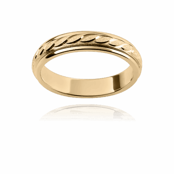 F23M 4Mm Slightly Rounded Yellow Gold Engraved Wave Motif Diamond Wheel Finish Mens Wedding Ring