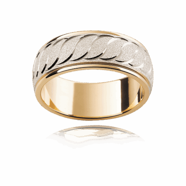 F23M 6Mm Slightly Rounded Two Tone Engraved Wave Motif Diamond Wheel Finish Mens Wedding Ring