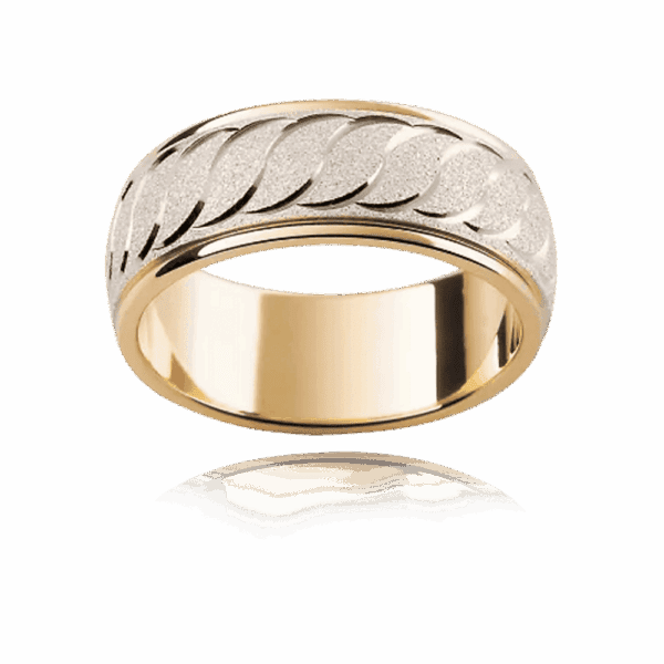 F23M 8Mm Slightly Rounded Two Tone Engraved Wave Motif Diamond Wheel Finish Mens Wedding Ring