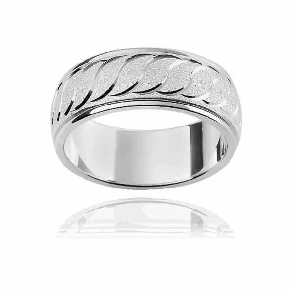 F23M 8mm slightly rounded two tone engraved wave motif diamond wheel finish mens wedding ring