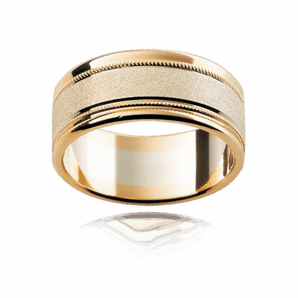 F25 8Mm Two Tone Flat Band Decorative Milgrain Trim Polished Rims Diamond Wheel Finish Mens Gold Ring