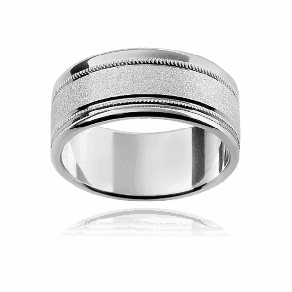 F25 8mm two tone flat band decorative milgrain trim polished rims diamond wheel finish mens gold ring