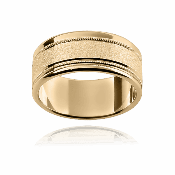 F25 8Mm Yellow Gold Flat Band Decorative Milgrain Trim Polished Rims Diamond Wheel Finish Mens Gold Ring