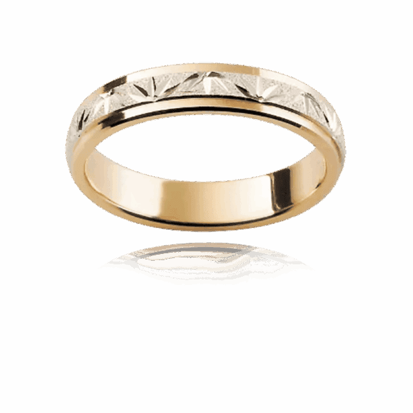 F27M 4Mm Two Tone Flat Band Engraved Leaf Motif Centre Overlay Diamond Wheel Finish Mens Gold Ring