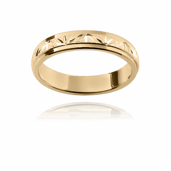 F27M 4Mm Yellow Gold Flat Band Engraved Leaf Motif Center Overlay Diamond Wheel Finish Mens Gold Ring