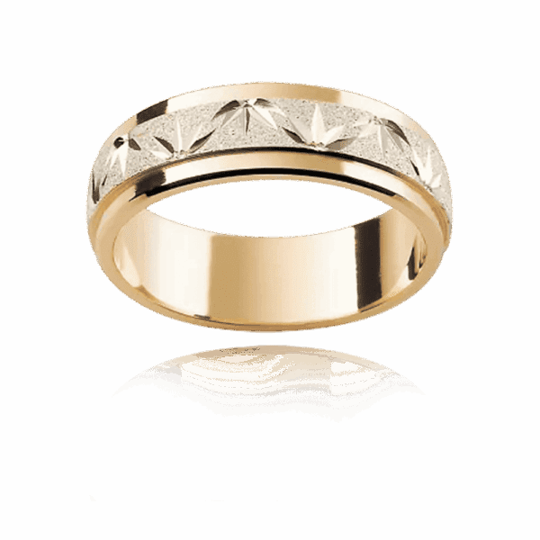 F27M 6Mm Two Tone Flat Band Engraved Leaf Motif Centre Overlay Diamond Wheel Finish Mens Gold Ring