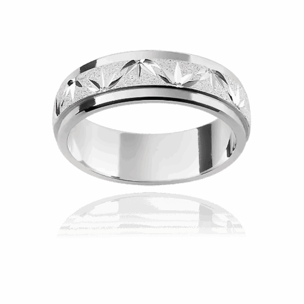 F27M 6mm two tone flat band engraved leaf motif centre overlay diamond wheel finish mens gold ring