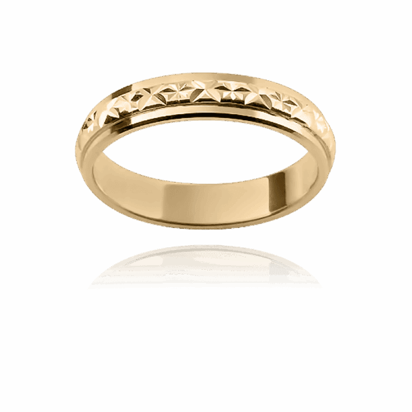 F28M 4Mm Yellow Gold Flat Cross Star Engraved Mens Wedding Ring