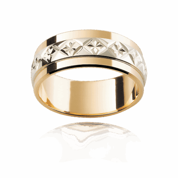 F28M 6Mm Two Tone 18K Gold Flat Cross Star Engraved Mens Wedding Ring
