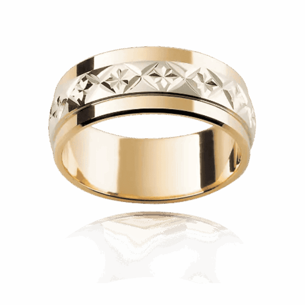 F28M 8Mm Two Tone 18K Gold Flat Cross Star Engraved Mens Wedding Ring