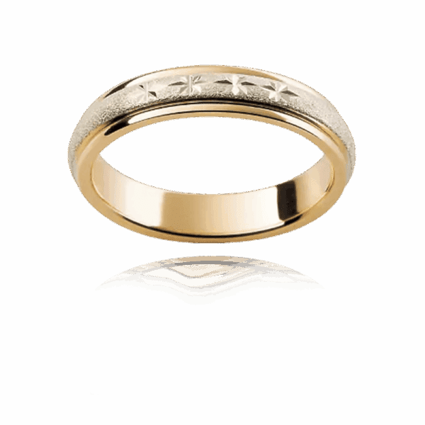 F3M 4Mm 18K Two Tone Patterned Engraved Stars Diamond Wheel Finish Mens Gold Ring