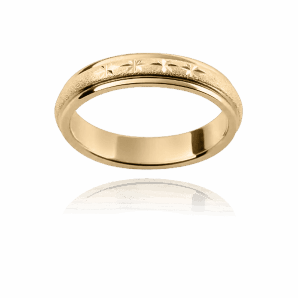 F3M 4Mm Yellow Gold Patterned Engraved Stars Diamond Wheel Finish Mens Gold Ring