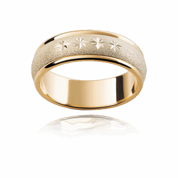 F3M 6Mm 18K Two Tone Patterned Engraved Stars Diamond Wheel Finish Mens Gold Ring