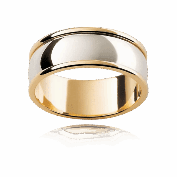 F43 8Mm 18K Rounded Two Tone Ring Smooth Raised Edges Mens Wedding Ring