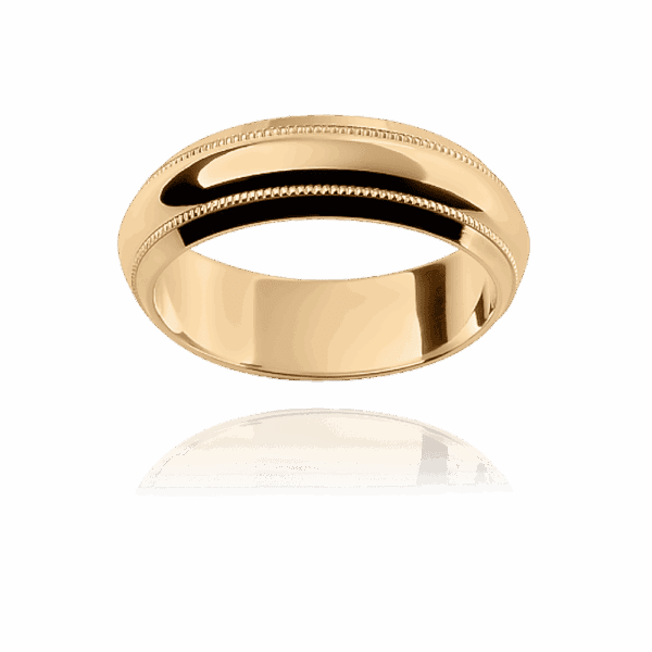 F51 6Mm Yellow Gold Rounded Band Inlay Centre Decorative Milgrain Trim Mens Wedding Band