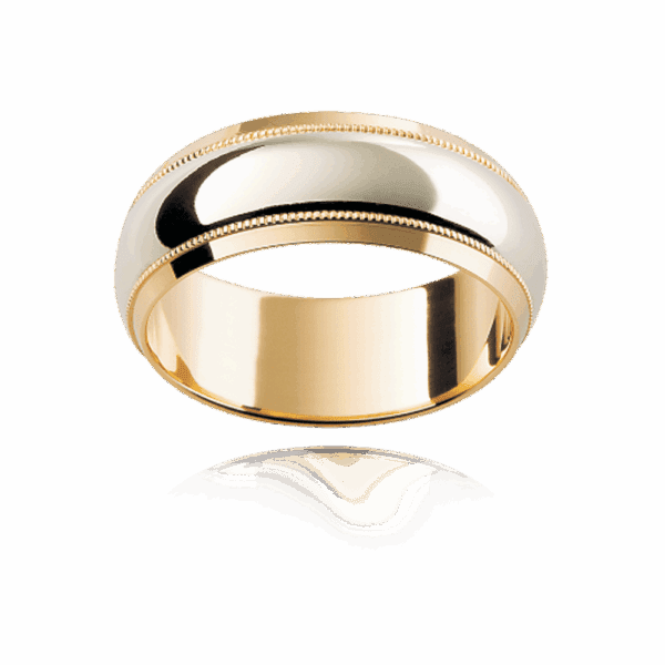 Model wears F51 8mm yellow gold rounded band inlay centre decorative milgrain trim mens wedding band