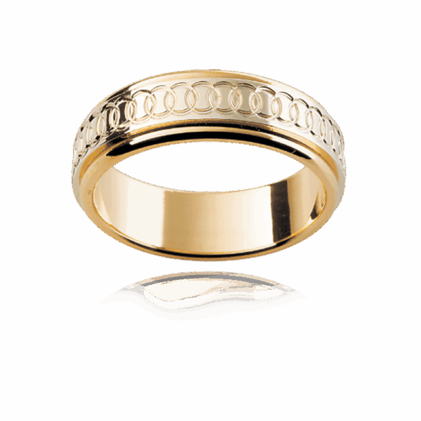 F53M 6Mm 18K Flat Patterned Band Interlocking Circles Elevated Centre Mens Gold Ring
