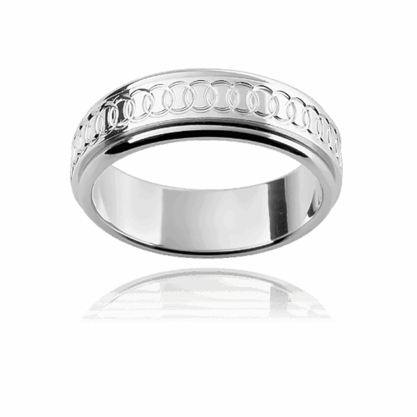 F53M 6Mm White Gold Flat Patterned Band Interlocking Circles Elevated Centre Mens Gold Ring