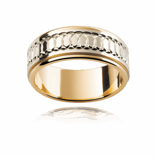 F53M 8Mm 18K Flat Patterned Band Interlocking Circles Elevated Centre Mens Gold Ring
