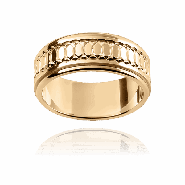 F53M 8mm 18k flat patterned band interlocking circles elevated centre mens gold ring