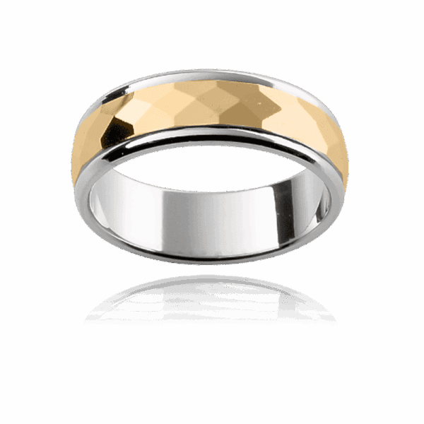 F61M 6Mm 18K Gold Two Tone Band Faceted Centre Overlay Smooth Edges Wedding Bands For Men