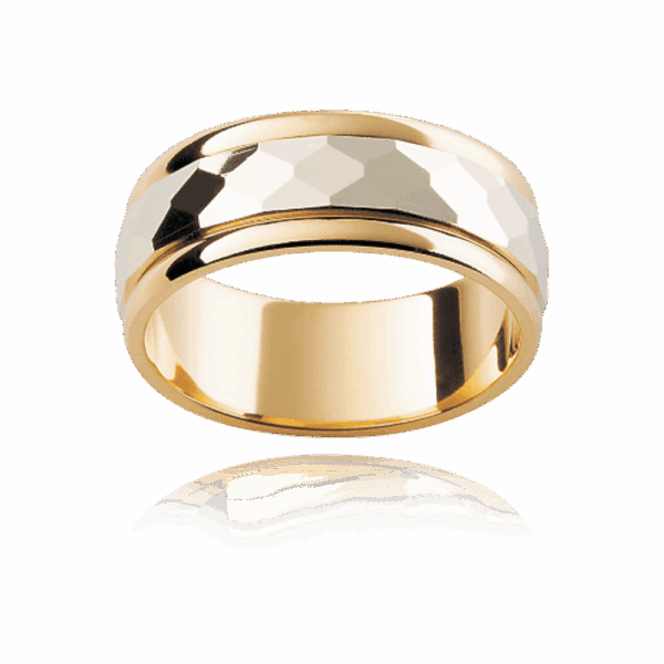 F61M 8Mm 18K Gold Two Tone Band Faceted Centre Overlay Smooth Edges Wedding Bands For Men