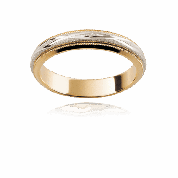 F66M 4Mm 18K Two Tone Semi Rounded Cross Engraved Milgrain Diamond Finish Mens Gold Ring