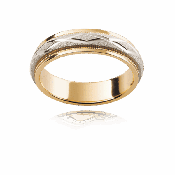 F66M 5Mm 18K Two Tone Semi Rounded Cross Engraved Milgrain Diamond Finish Mens Gold Ring