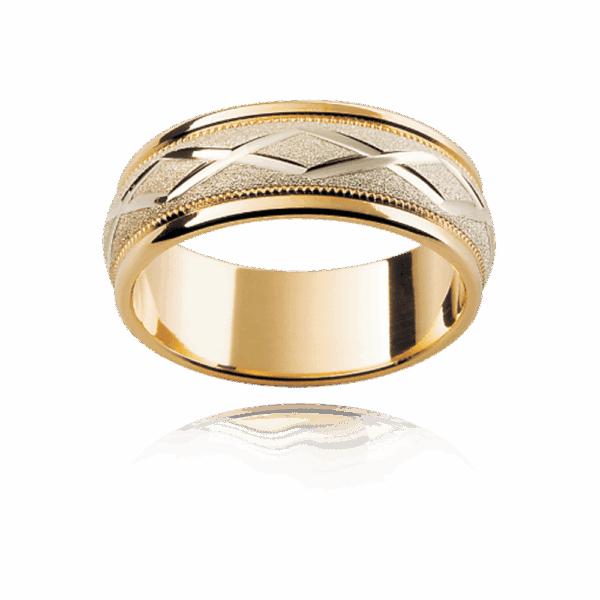 F66M 7Mm 18K Two Tone Semi Rounded Cross Engraved Milgrain Diamond Finish Mens Gold Ring
