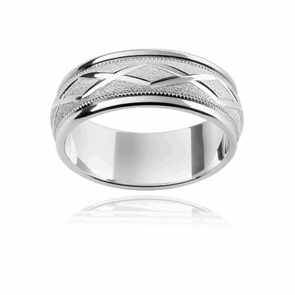 F66M 7mm 18k two tone semi rounded cross engraved milgrain diamond finish mens gold ring