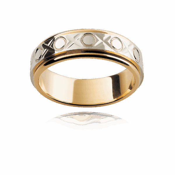 F69M 6Mm Two Tone Patterned Xoxo Motif Flat Band Overlay Centre Smooth Edges Mens Wedding Band