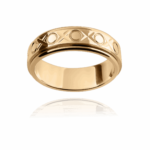 F69M 6Mm Yellow Gold Patterned Xoxo Motif Flat Band Overlay Centre Smooth Edges Mens Wedding Band