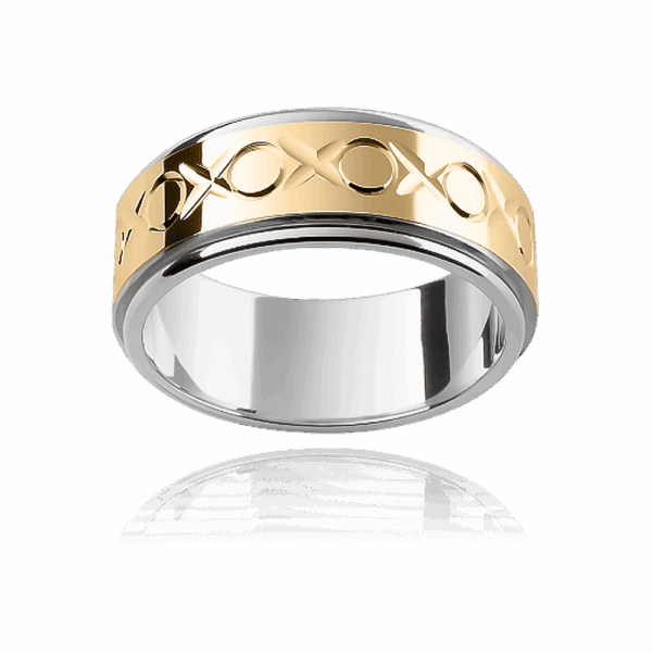 F69M 8mm two tone patterned xoxo motif flat band overlay centre smooth edges mens wedding band