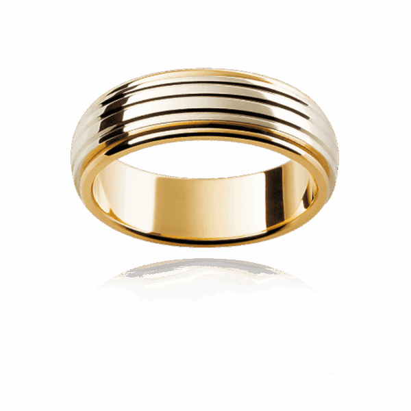 F6M 6Mm 18K Semi Rounded Two Tone Band Horizontal Grooves Centre Overlay Wedding Rings For Men